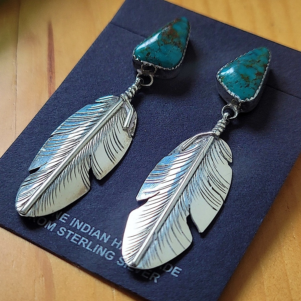 Signed NAVAJO BEN BEGAYE Turquoise Sterling Feather Earrings - Picture 2 of 11